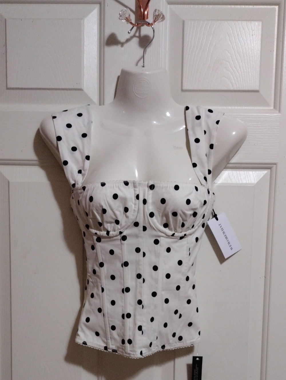 WeWoreWhat White and Black Polka Dot Ruched Cup Corset Top Size 0 🆕
